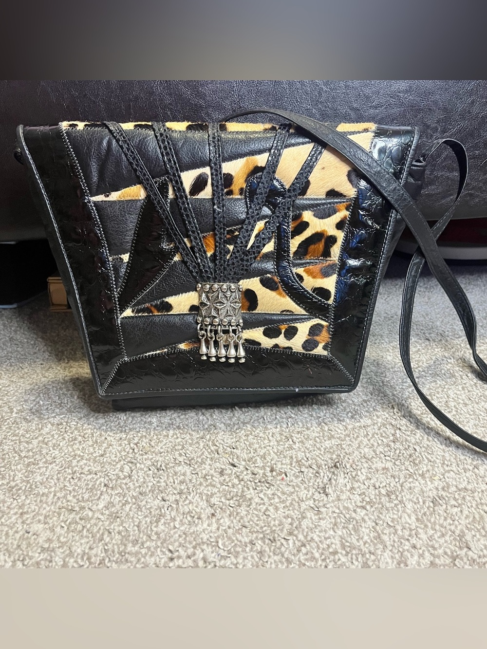 Black & Leopard Patchwork leather Crossbody Bag with Silver Accents